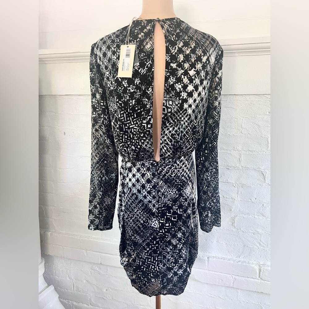 Ramy Brook Myla Mini Dress Black Houndstooth Burnout Multi Ruched Faux Wrap NWT - Picture 3 of 16